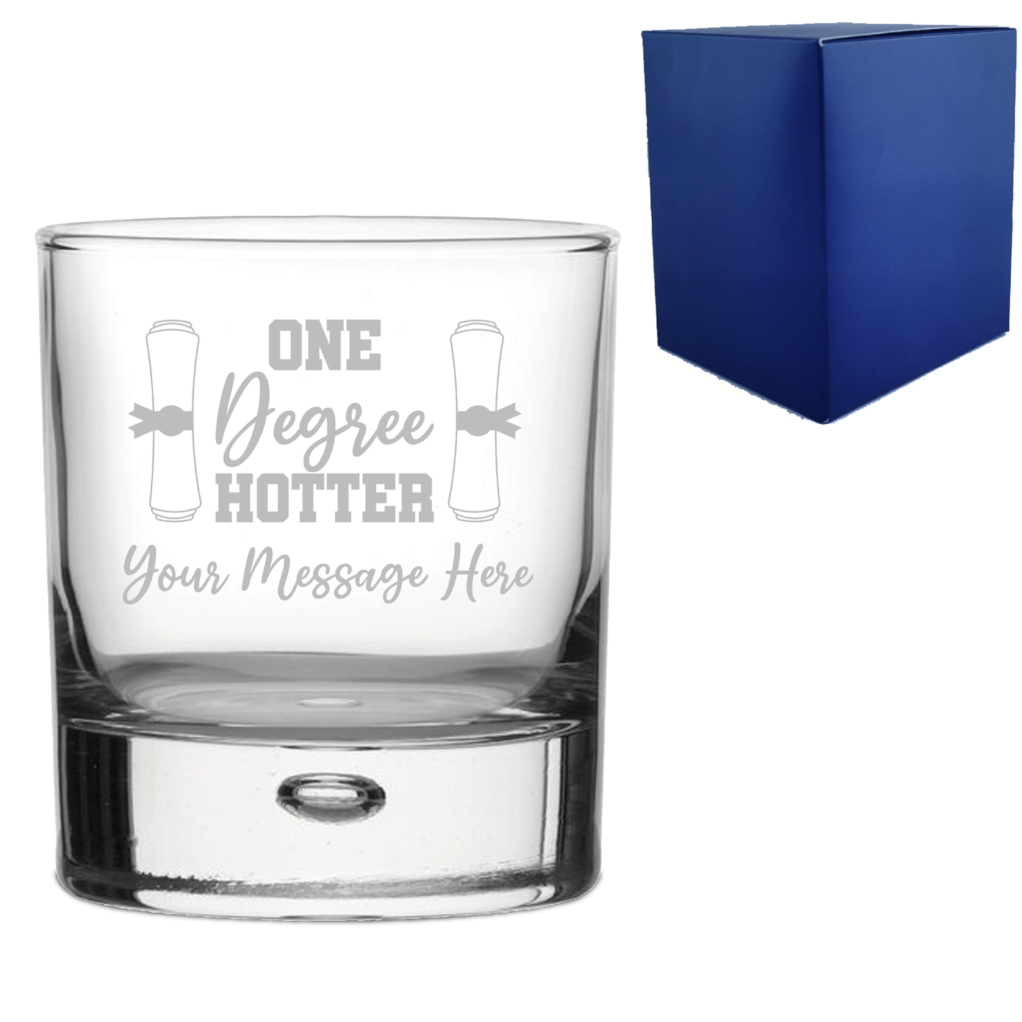 Personalised Engraved Graduation Whisky Tumbler with 'One Degree Hotter' Design, Personalise with Any Name or Message