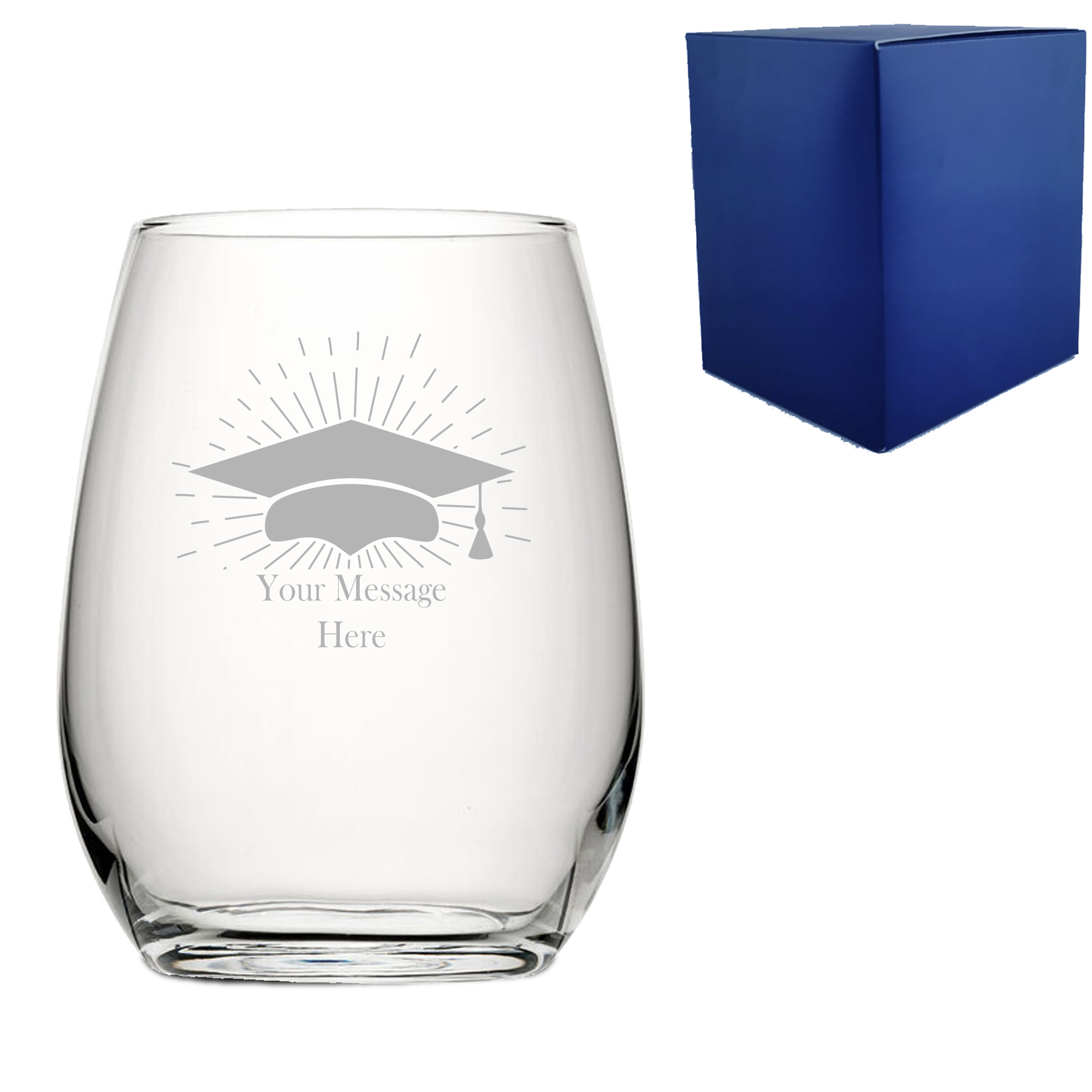 Personalised Engraved Graduation Stemless Wine Glass with Grad Cap Burst Design, Personalise with Any Name or Message