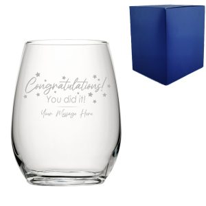 Personalised Engraved Stemless Wine Glass with 'Congratulations You Did It' Design, Personalise with Any Name or Message