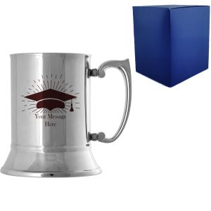 Personalised Engraved Graduation Steel Tankard with Grad Cap Burst Design, Personalise with Any Name or Message