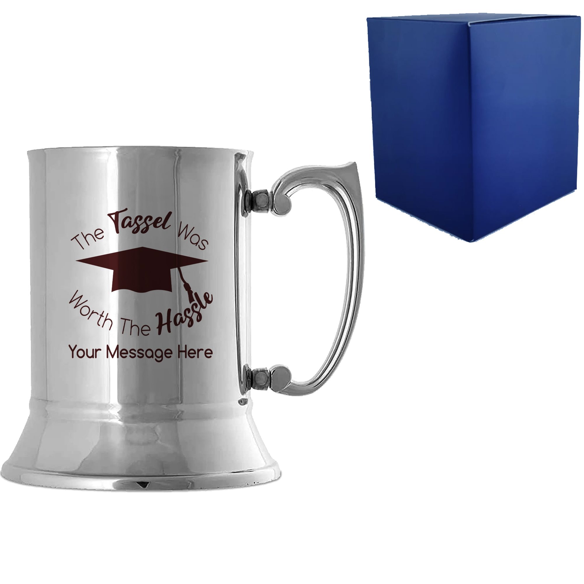 Personalised Engraved Graduation Steel Tankard with 'The Tassel was worth the Hassle' Design, Personalise with Any Name or Message