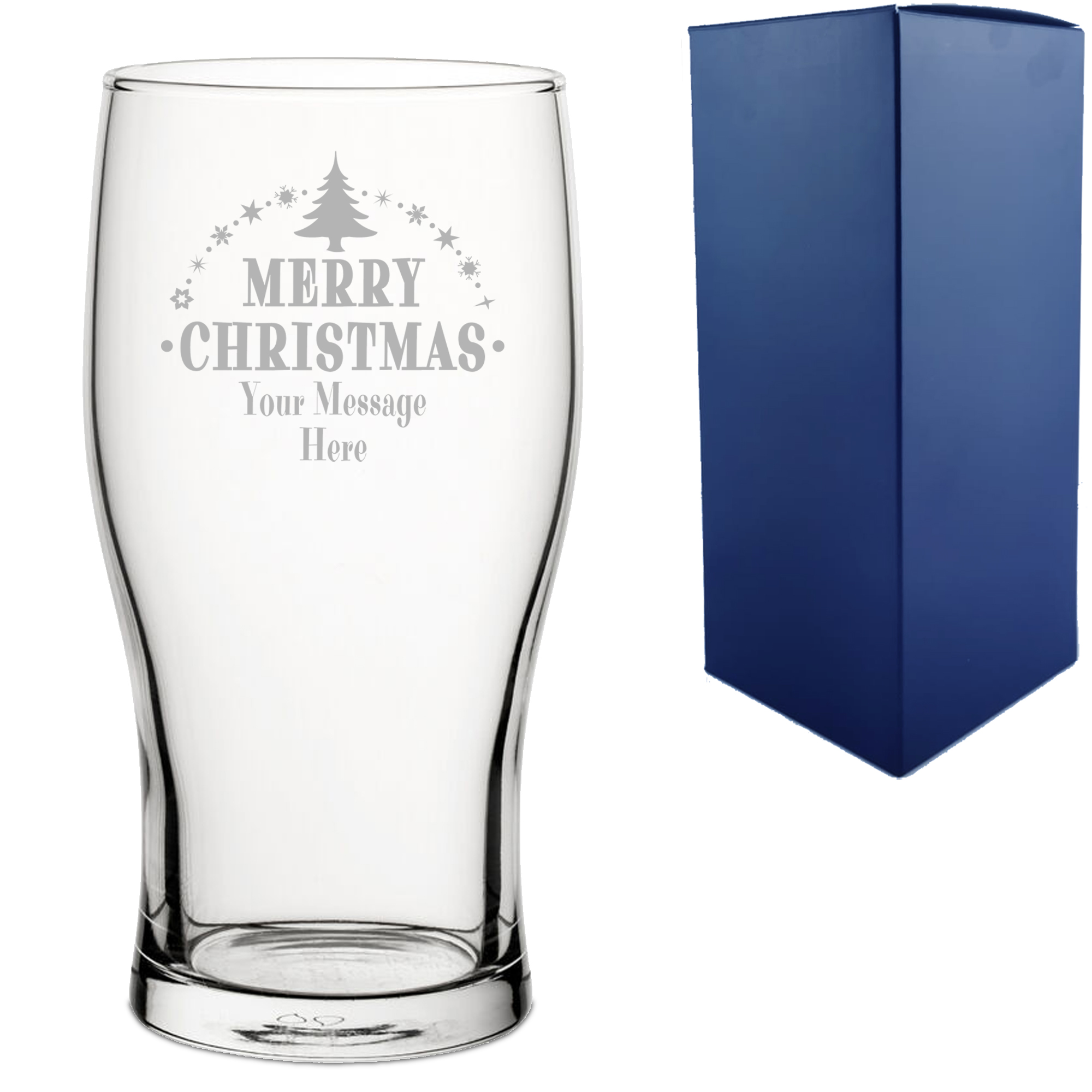 Personalised Engraved Novelty Christmas Pint Tulip Beer Glass with Merry Christmas Tree Design, Customise with Any Name or Message
