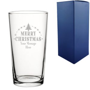 Personalised Engraved Novelty Christmas Pint Beer Glass with Merry Christmas Tree Design, Customise with Any Name or Message