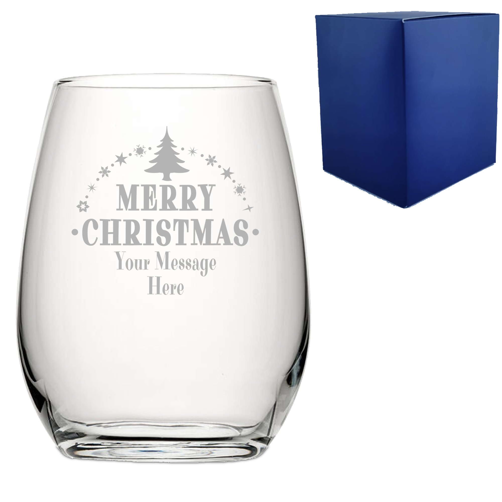 Personalised Engraved Novelty Christmas Stemless Wine Glass with Merry Christmas Tree Design, Customise with Any Name or Message