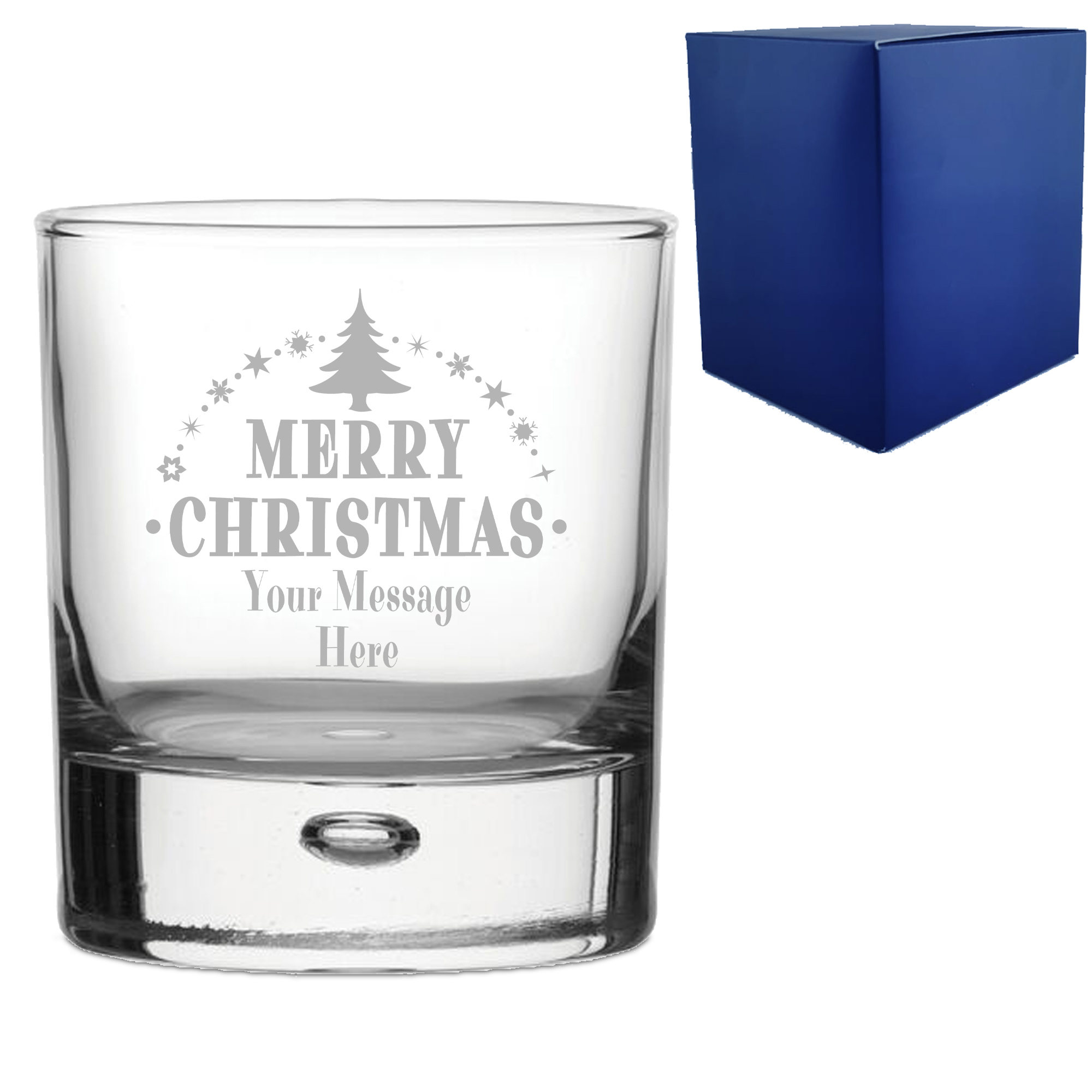 Personalised Engraved Novelty Christmas Bubble Whisky Tumbler Glass with Merry Christmas Tree Design, Customise with Any Name or Message