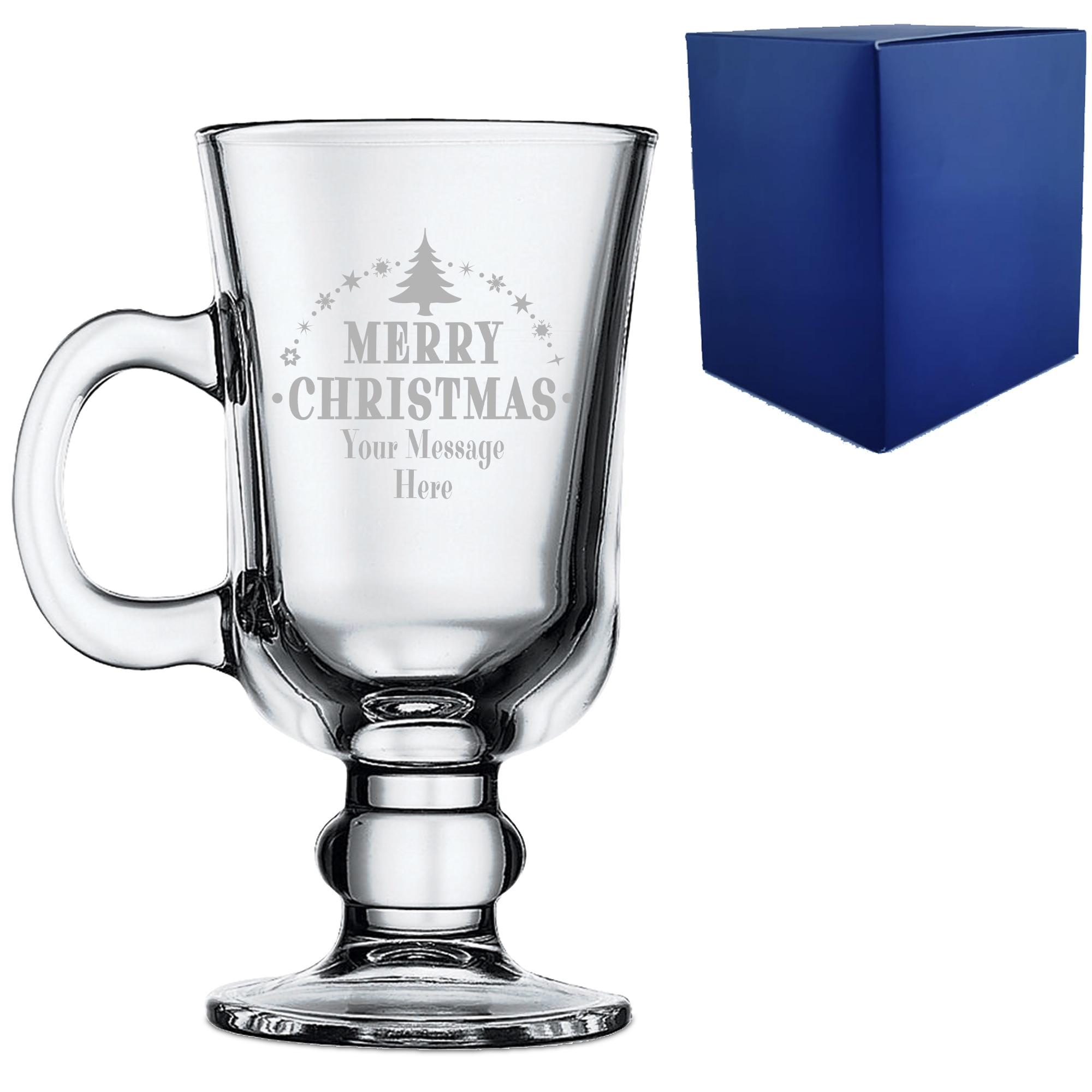 Personalised Engraved Novelty Christmas Irish Coffee Glass Cup with Merry Christmas Tree Design, Customise with Any Name or Message
