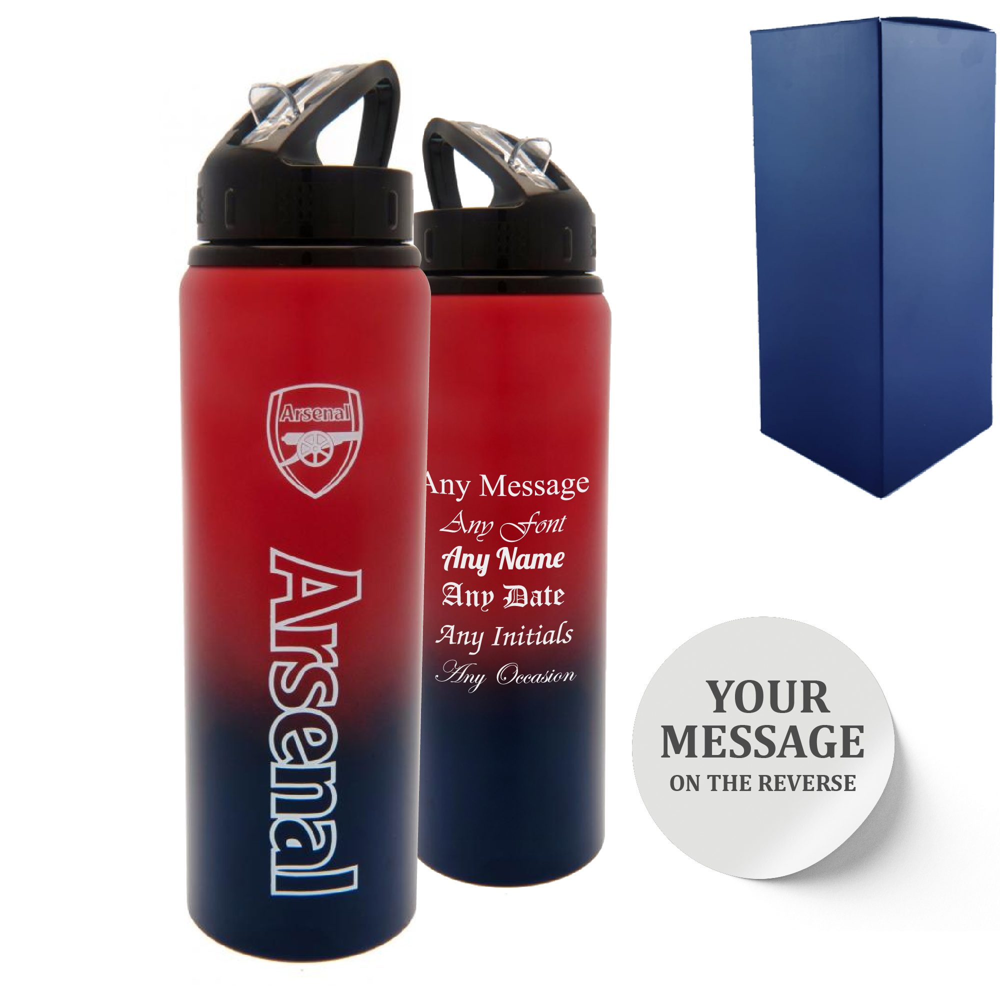 Official Printed Metal Arsenal Bottle, Personalise Any Message, Gift Boxed