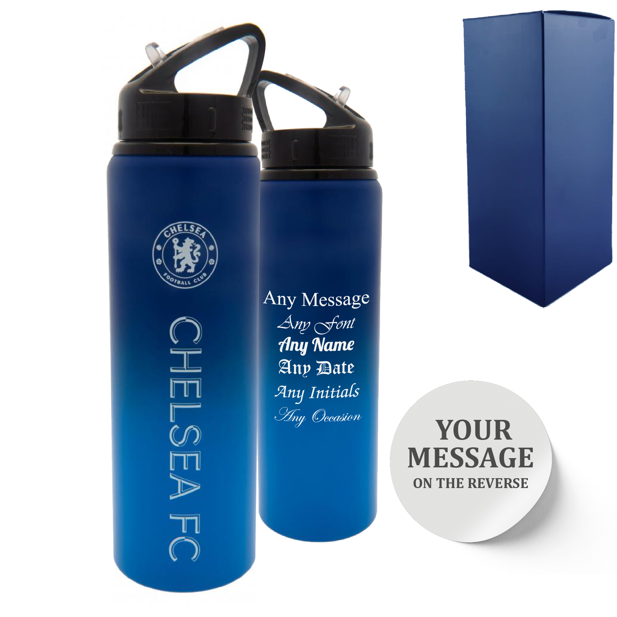 Official Printed Metal Chelsea Bottle, Personalise Any Message, Gift Boxed