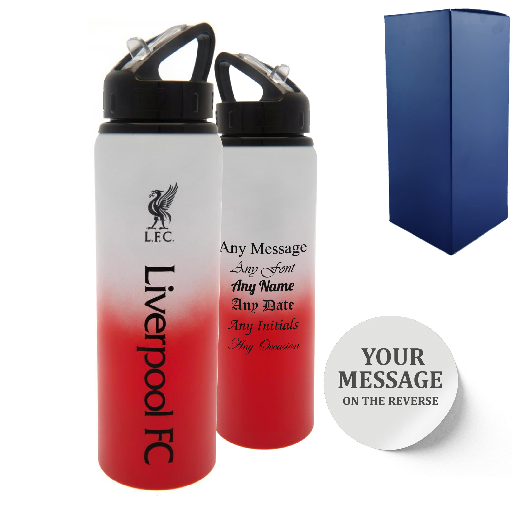 Official Printed Metal Liverpool Bottle, Personalise Any Message, Gift Boxed