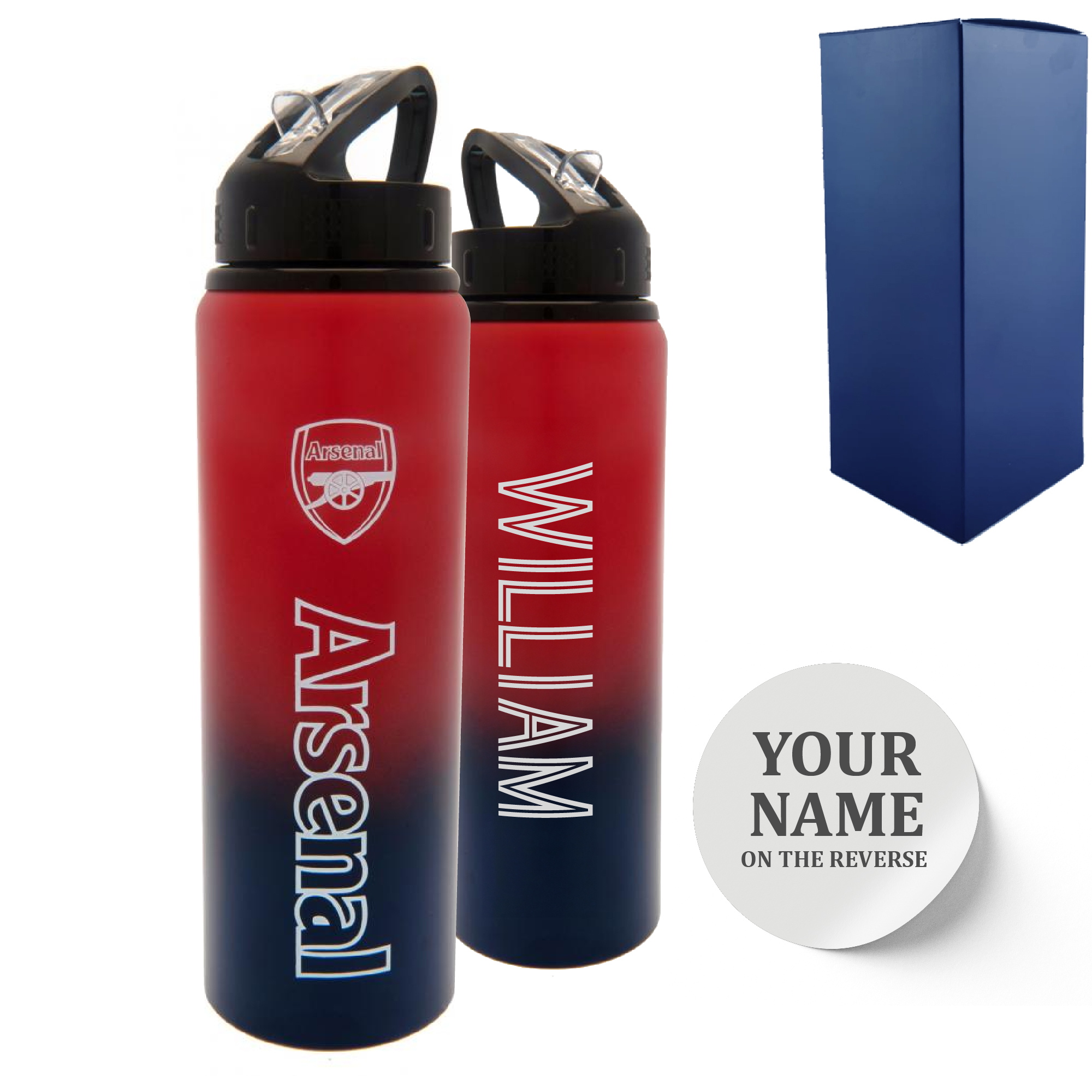 Official Printed Metal Arsenal Bottle, Personalise Any Name, Gift Boxed