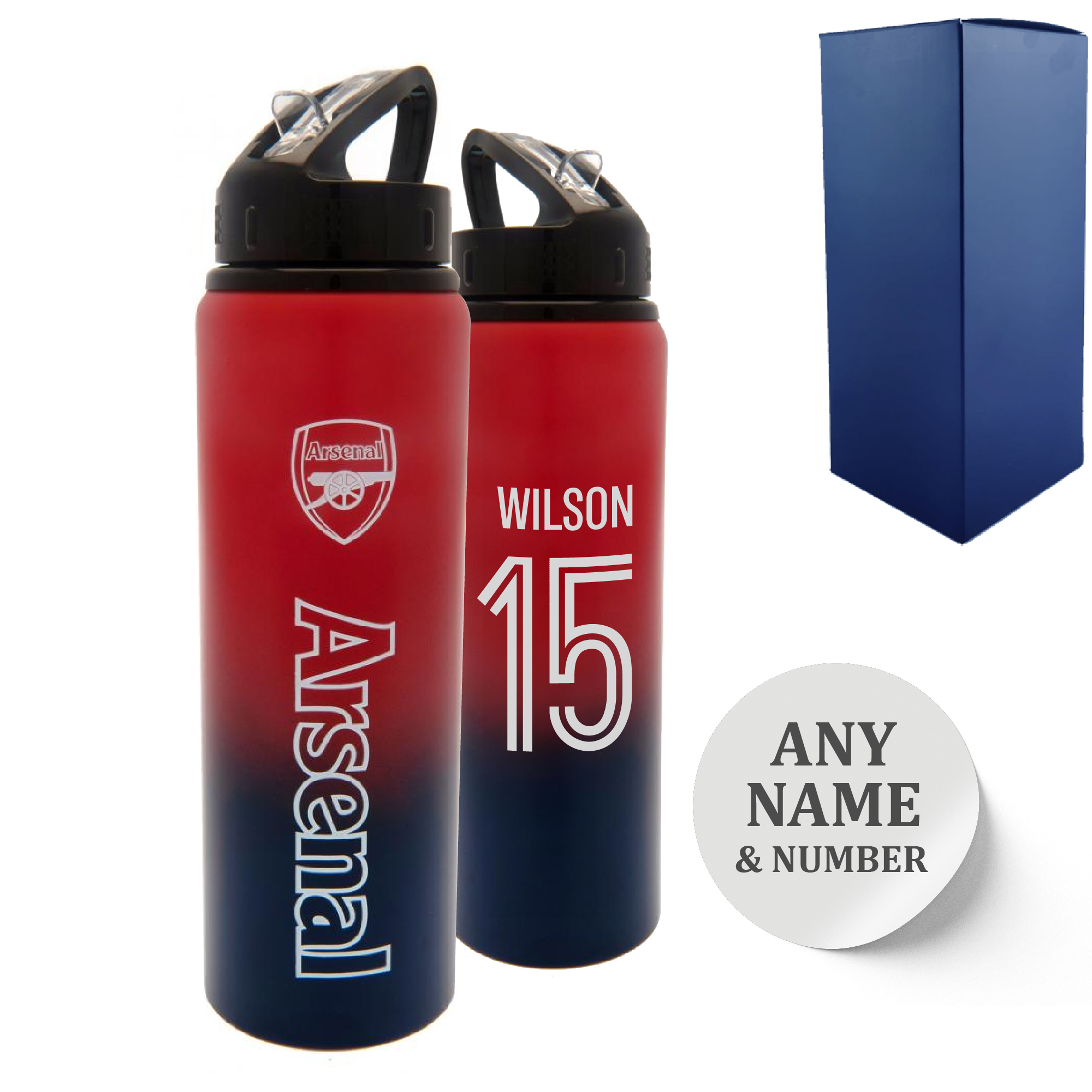 Official Printed Metal Arsenal Bottle, Personalise Any Number, Gift Boxed