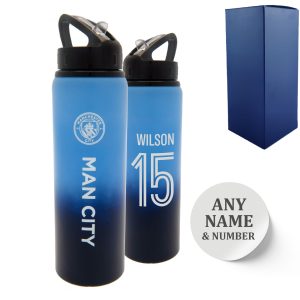 Official Printed Metal Manchester City Bottle, Personalise Any Number, Gift Boxed