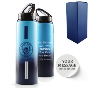 Official Printed Metal Manchester City Bottle, Personalise Any Message, Gift Boxed, Striped Design