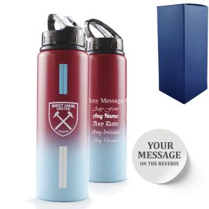 Official Printed Metal West Ham Bottle, Personalise Any Message, Gift Boxed, Striped Design