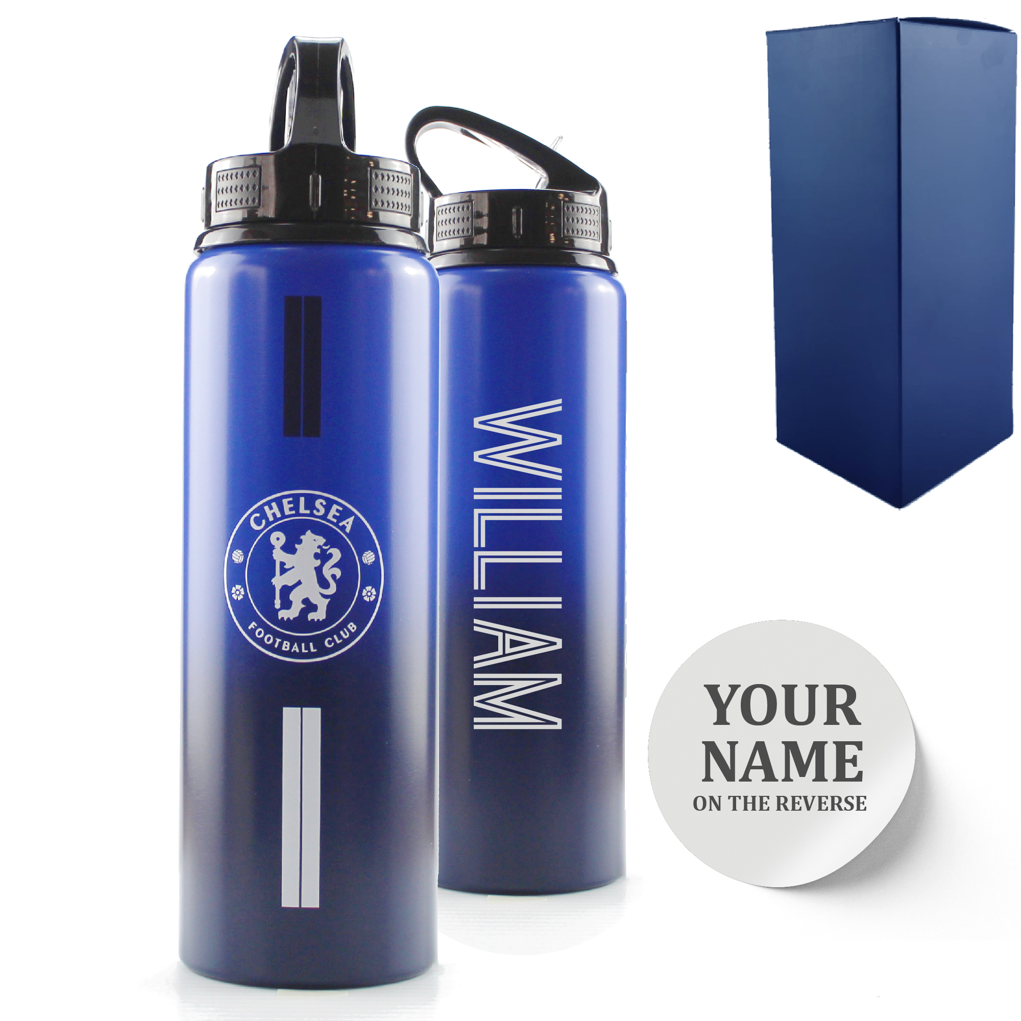 Official Printed Metal Chelsea Bottle, Personalise Any Name, Gift Boxed, Striped Design