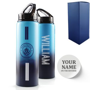 Official Printed Metal Manchester City Bottle, Personalise Any Name, Gift Boxed, Striped Design