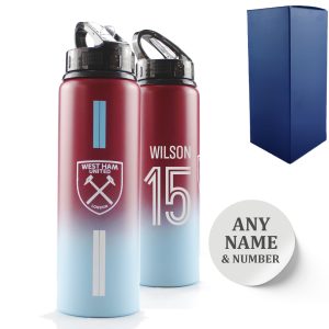 Official Printed Metal West Ham Bottle, Personalise Any Number, Gift Boxed, Striped Design