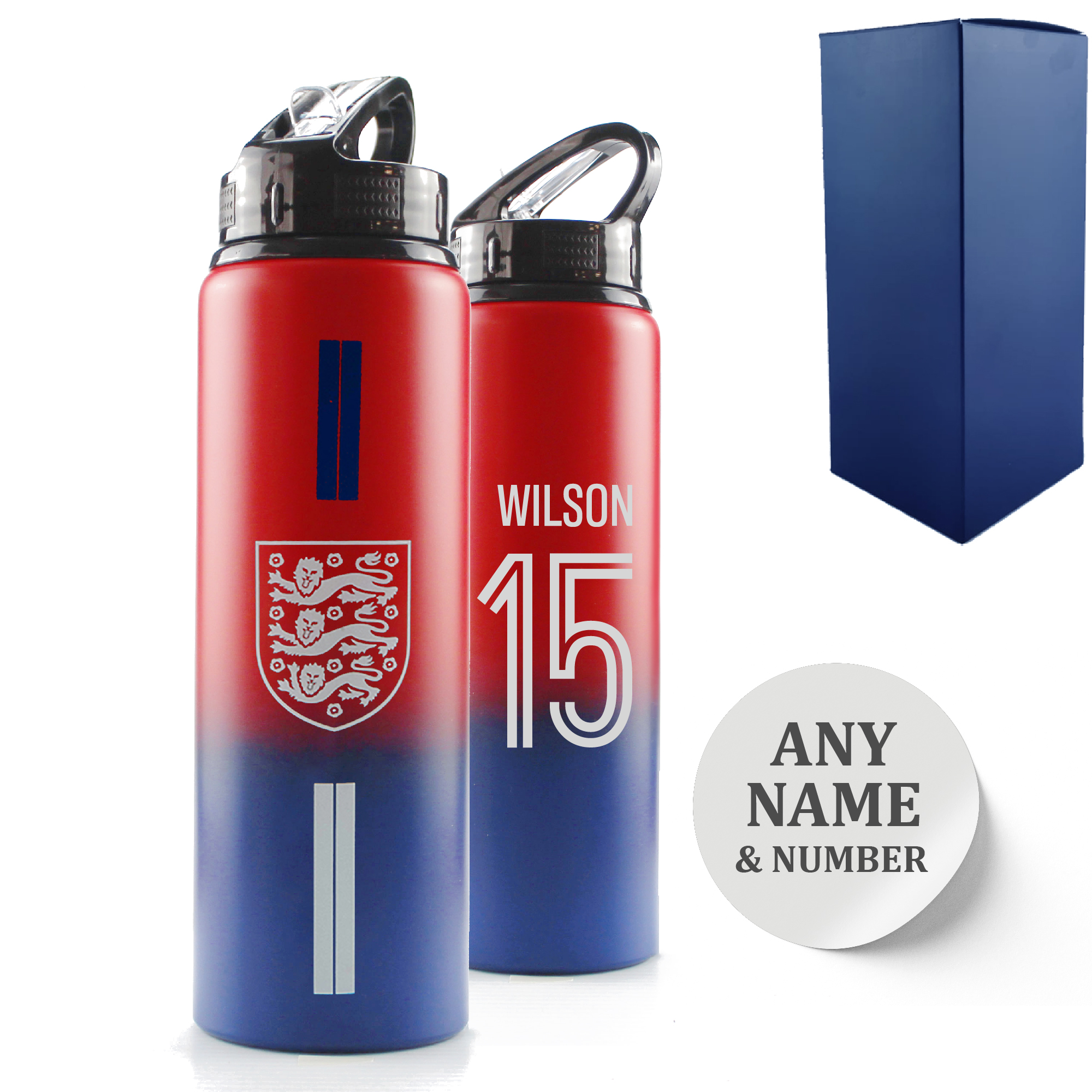 Official Printed Metal England Bottle, Personalise Any Number, Gift Boxed, Striped Design