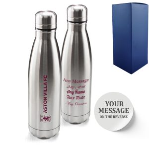Official Printed Aston Villa Thermal Bottle Silver, Personalise Any Message, Gift Boxed