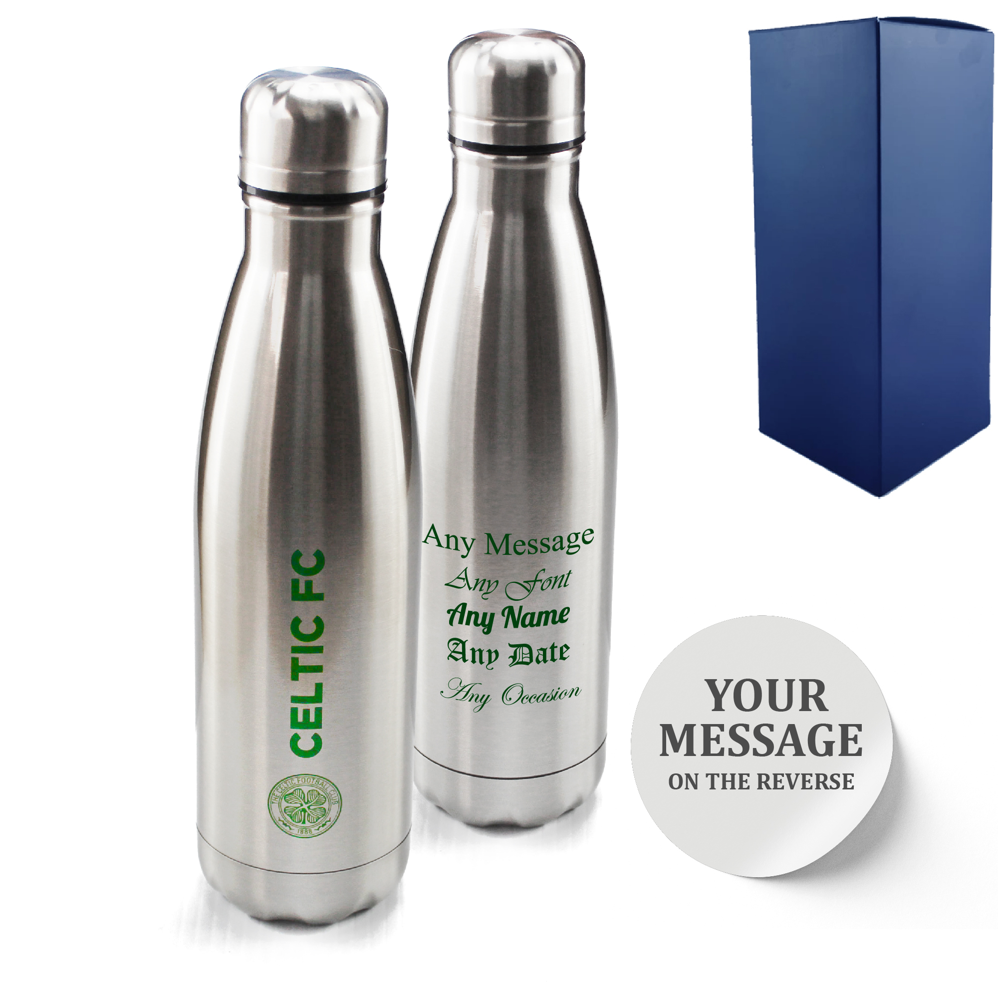 Official Printed Celtic Thermal Bottle Silver, Personalise Any Message, Gift Boxed