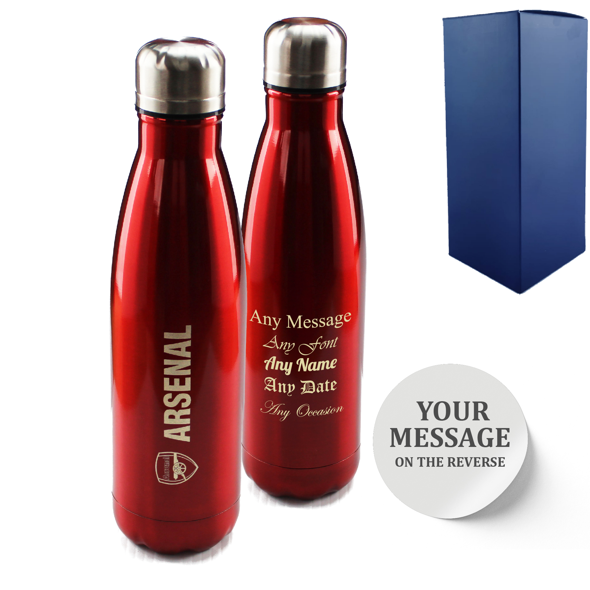 Official Printed Arsenal Thermal Bottle Painted, Personalise Any Message, Gift Boxed