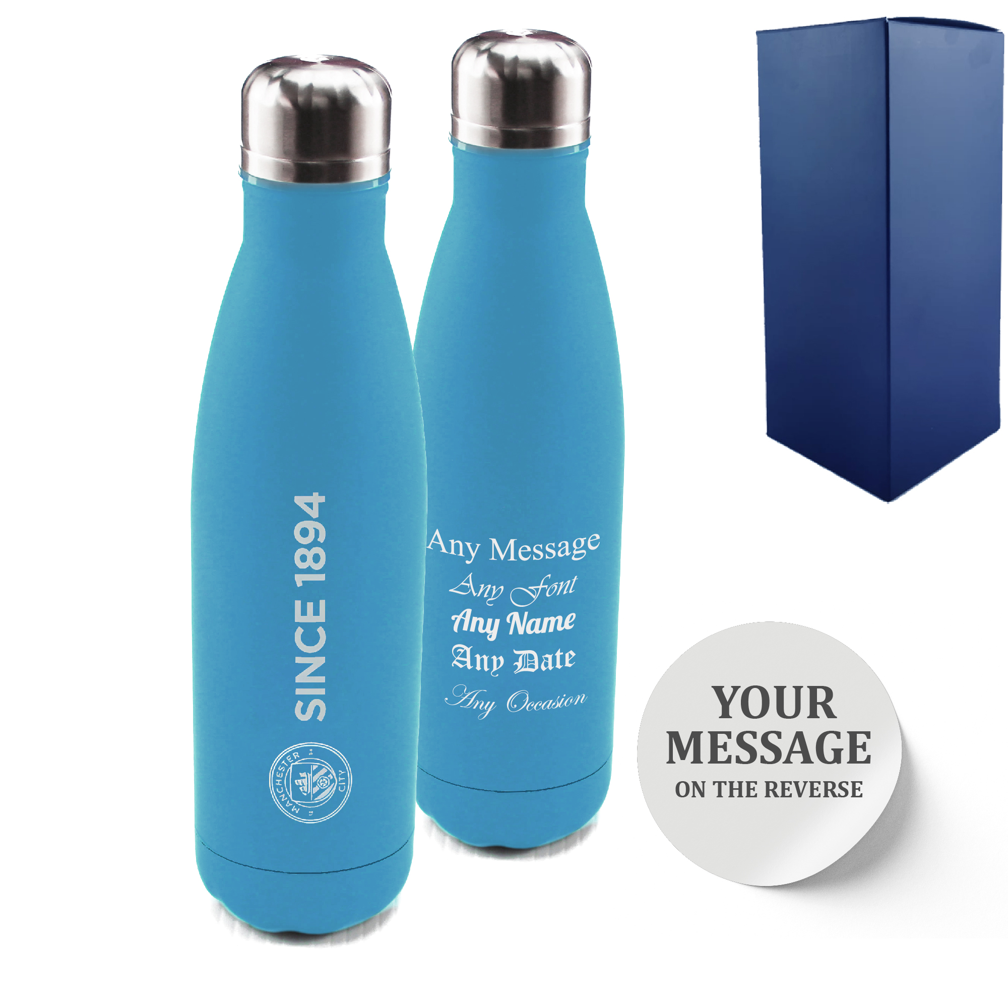 Official Printed Manchester City Thermal Bottle Painted, Personalise Any Message, Gift Boxed