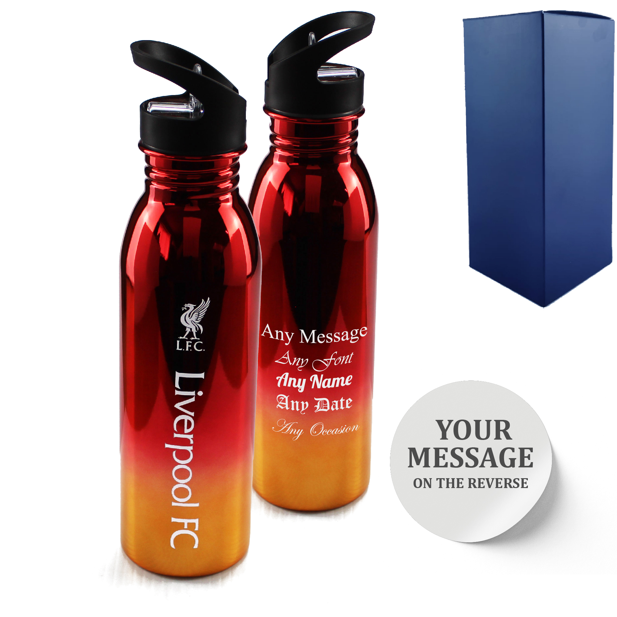 Official Printed Liverpool Metallic Water Bottle, Personalise Any Message, Gift Boxed