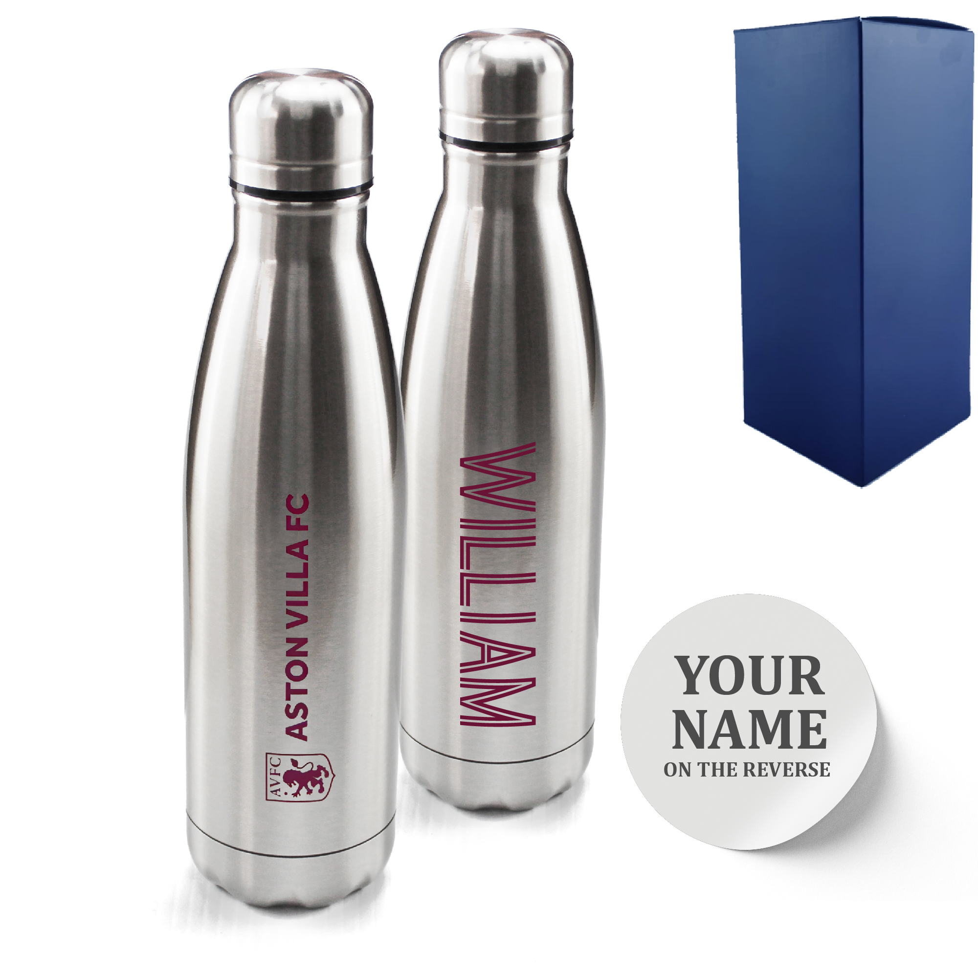 Official Printed Aston Villa Thermal Bottle Silver, Personalise Any Name, Gift Boxed