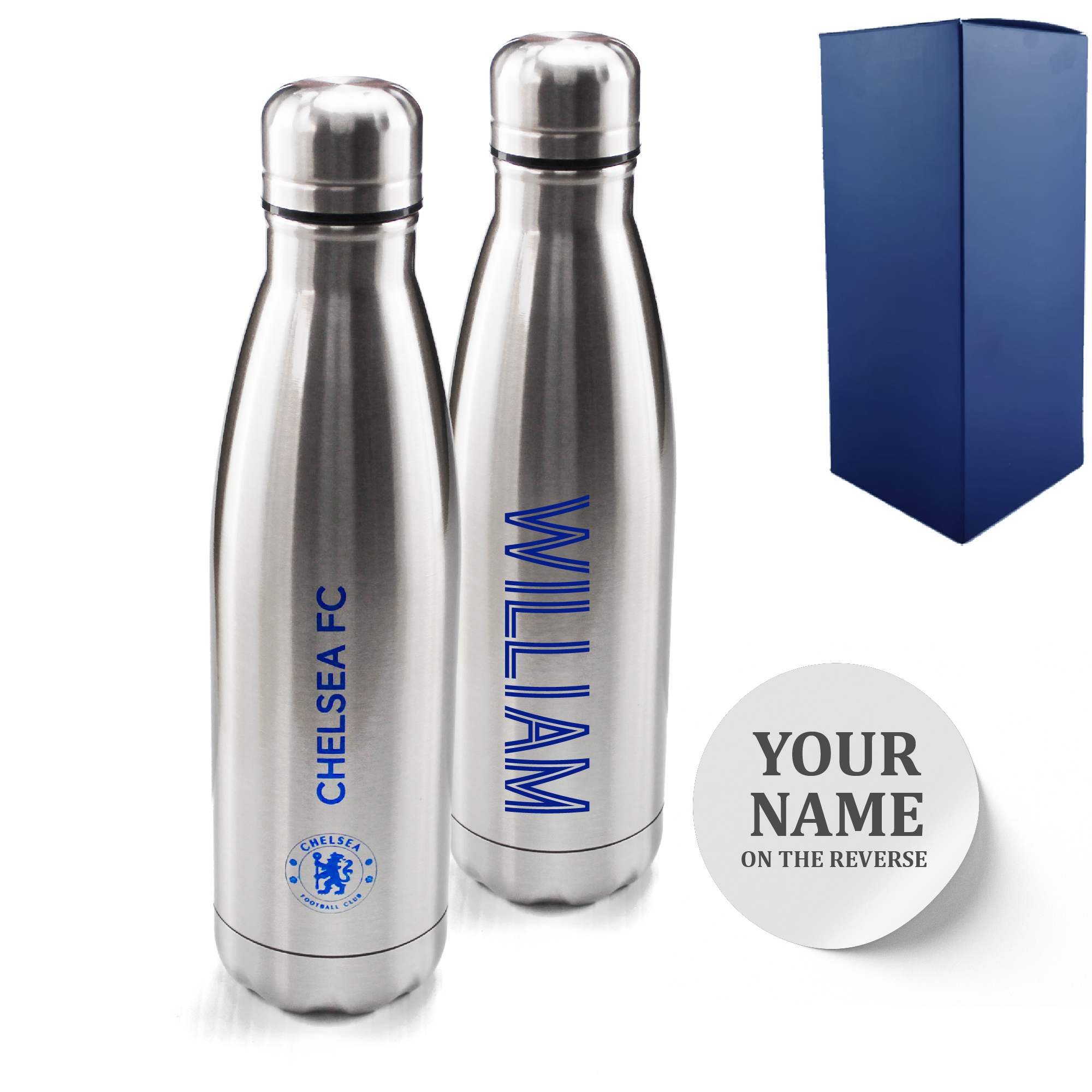 Official Printed Chelsea Thermal Bottle Silver, Personalise Any Name, Gift Boxed