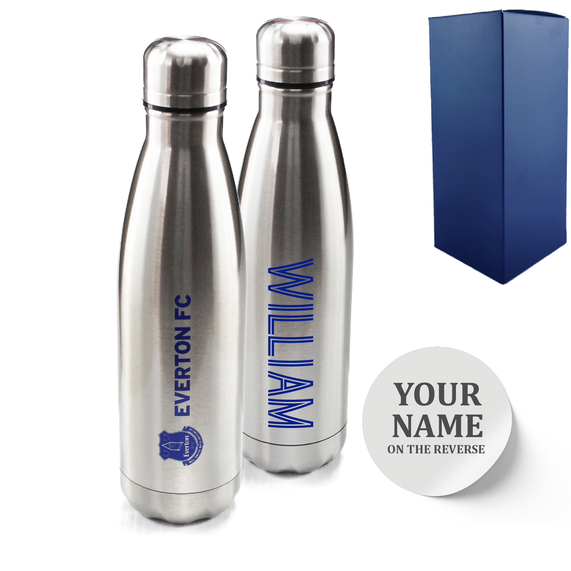 Official Printed Everton Thermal Bottle Silver, Personalise Any Name, Gift Boxed