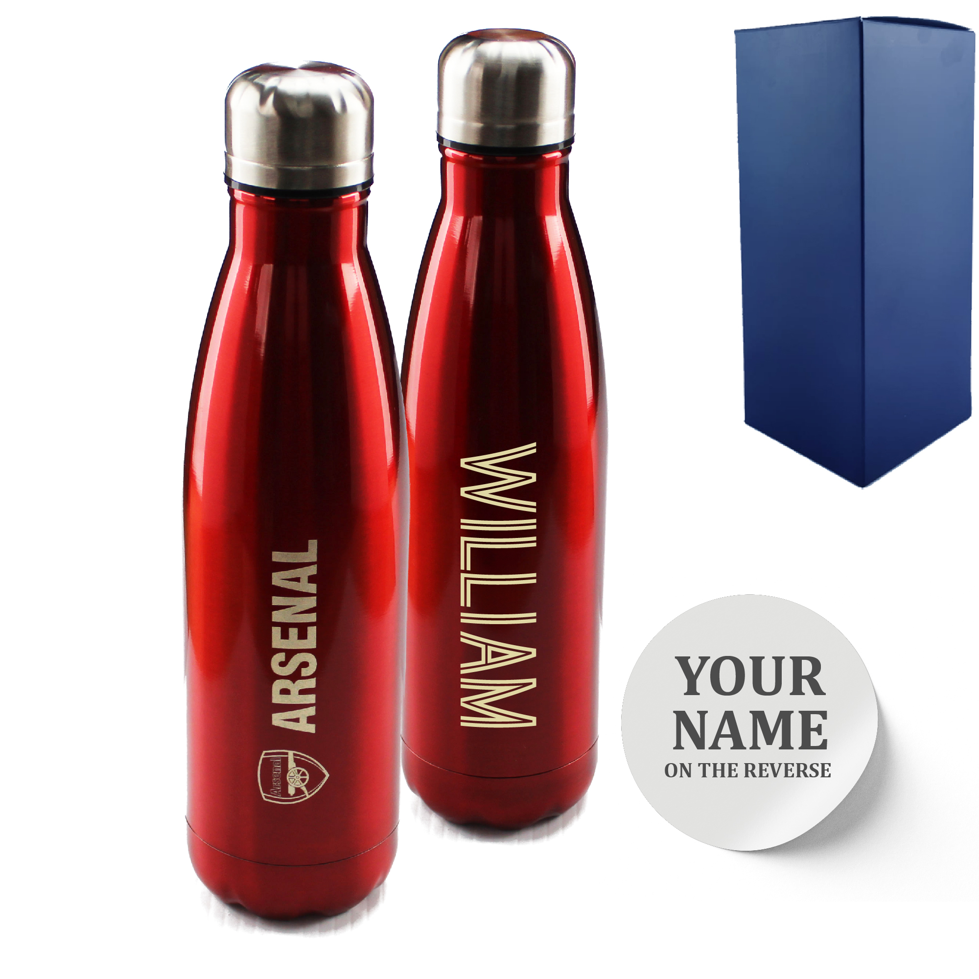 Official Printed Arsenal Thermal Bottle Painted, Personalise Any Name, Gift Boxed