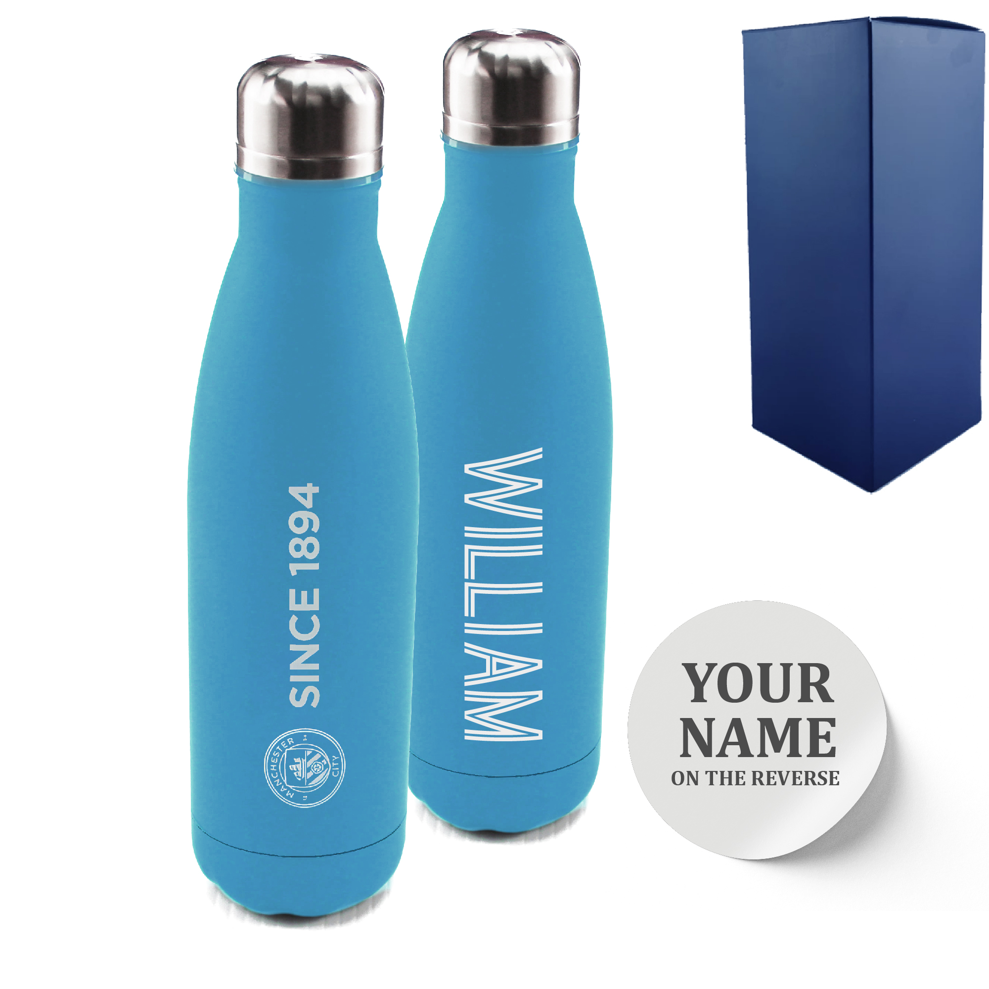 Official Printed Manchester City Thermal Bottle Painted, Personalise Any Name, Gift Boxed