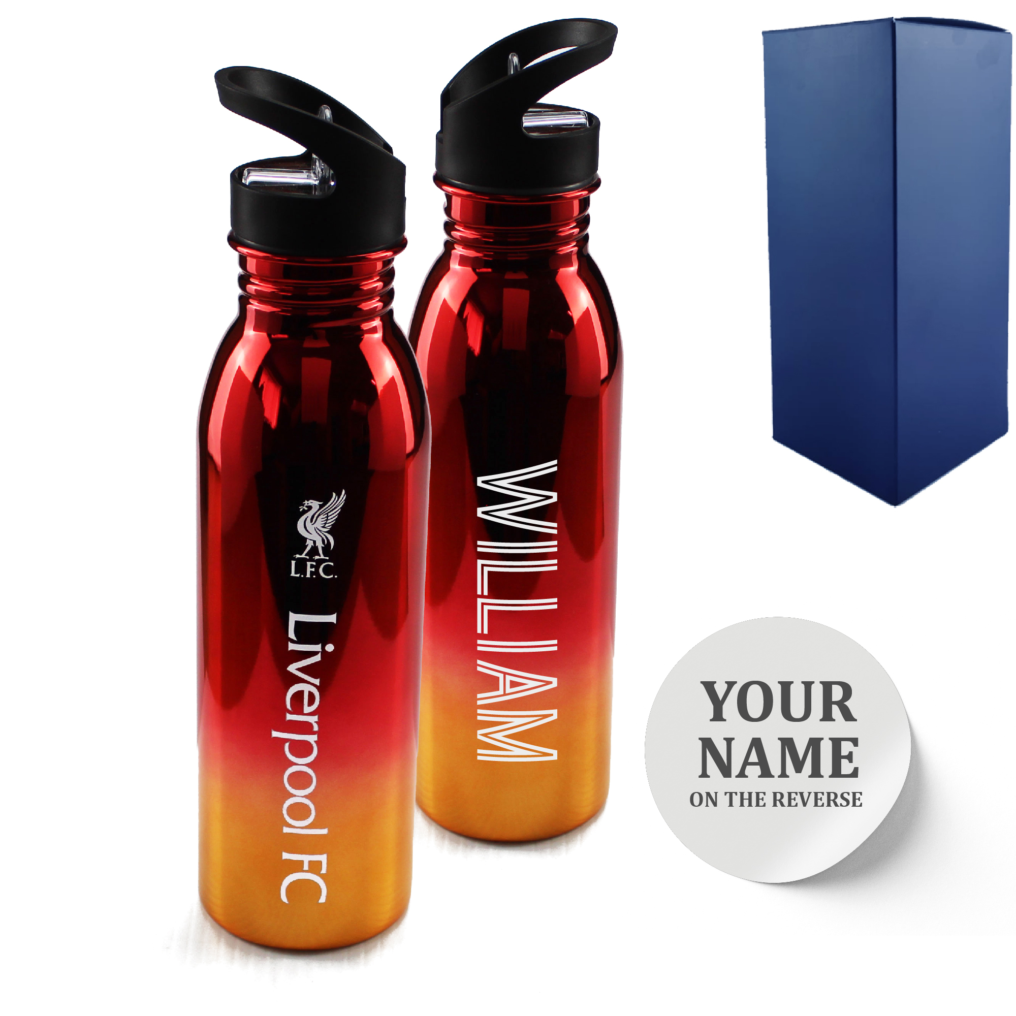 Official Printed Liverpool Metallic Water Bottle, Personalise Any Name, Gift Boxed