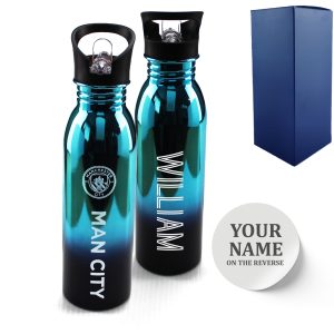 Official Printed Manchester City Metallic Water Bottle, Personalise Any Name, Gift Boxed