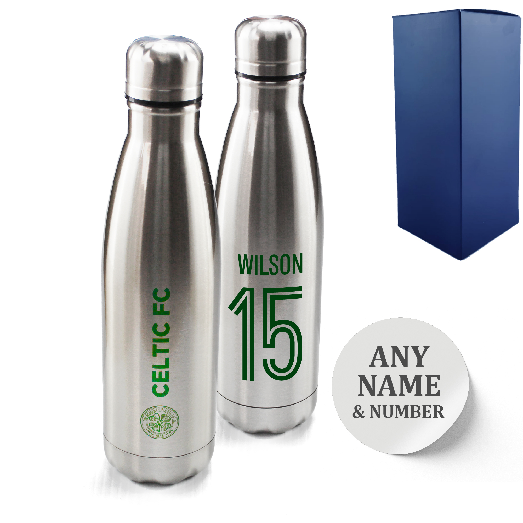 Official Printed Celtic Thermal Bottle Silver, Personalise Name and Number, Gift Boxed