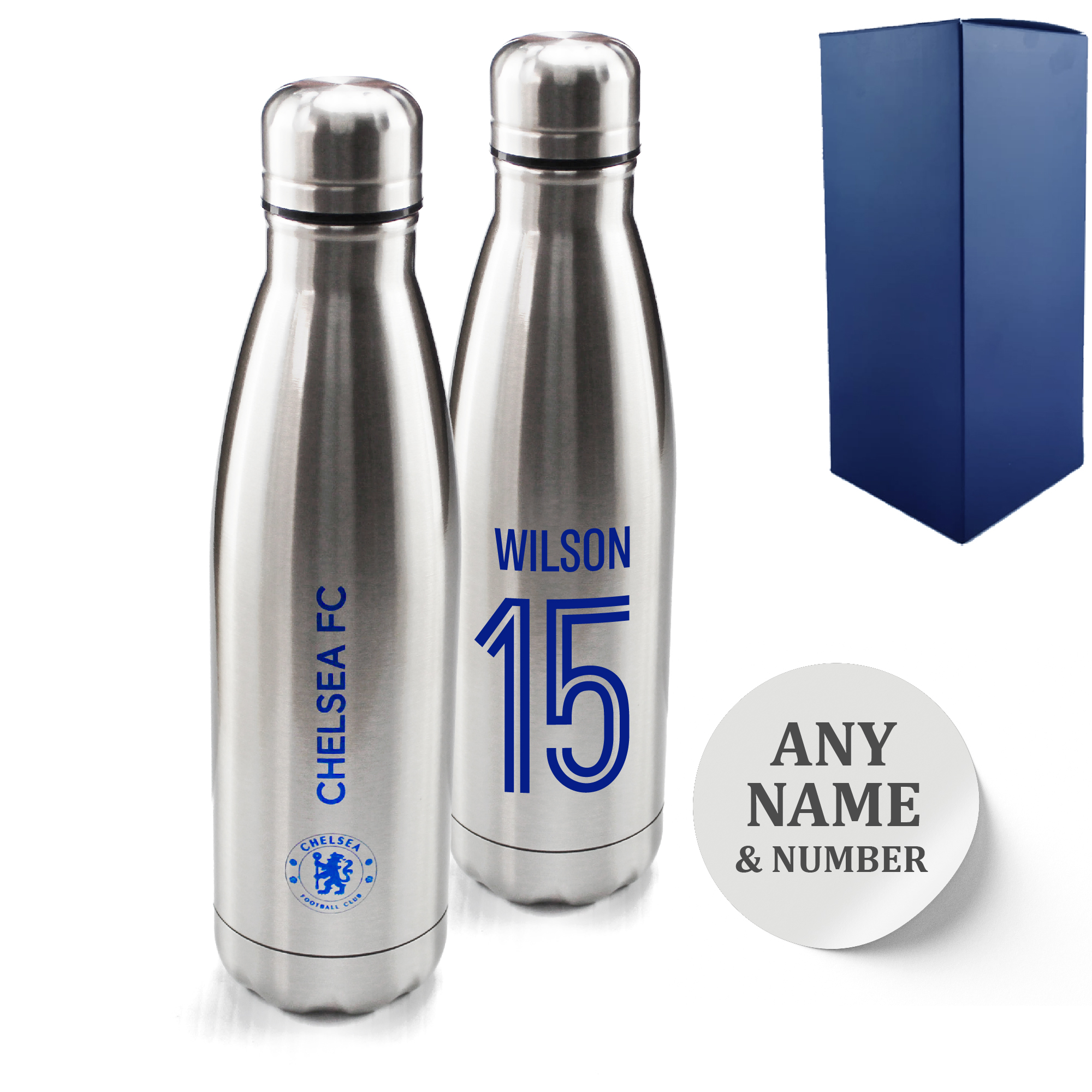 Official Printed Chelsea Thermal Bottle Silver, Personalise Name and Number, Gift Boxed