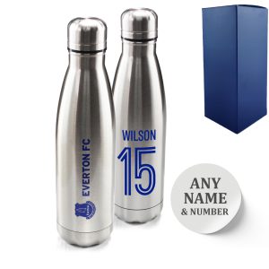 Official Printed Everton Thermal Bottle Silver, Personalise Name and Number, Gift Boxed