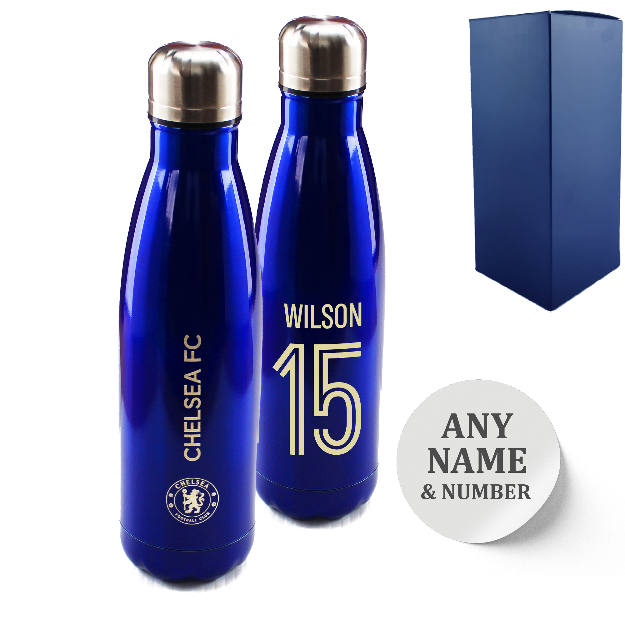Official Printed Chelsea Thermal Bottle Painted, Personalise Name and Number, Gift Boxed