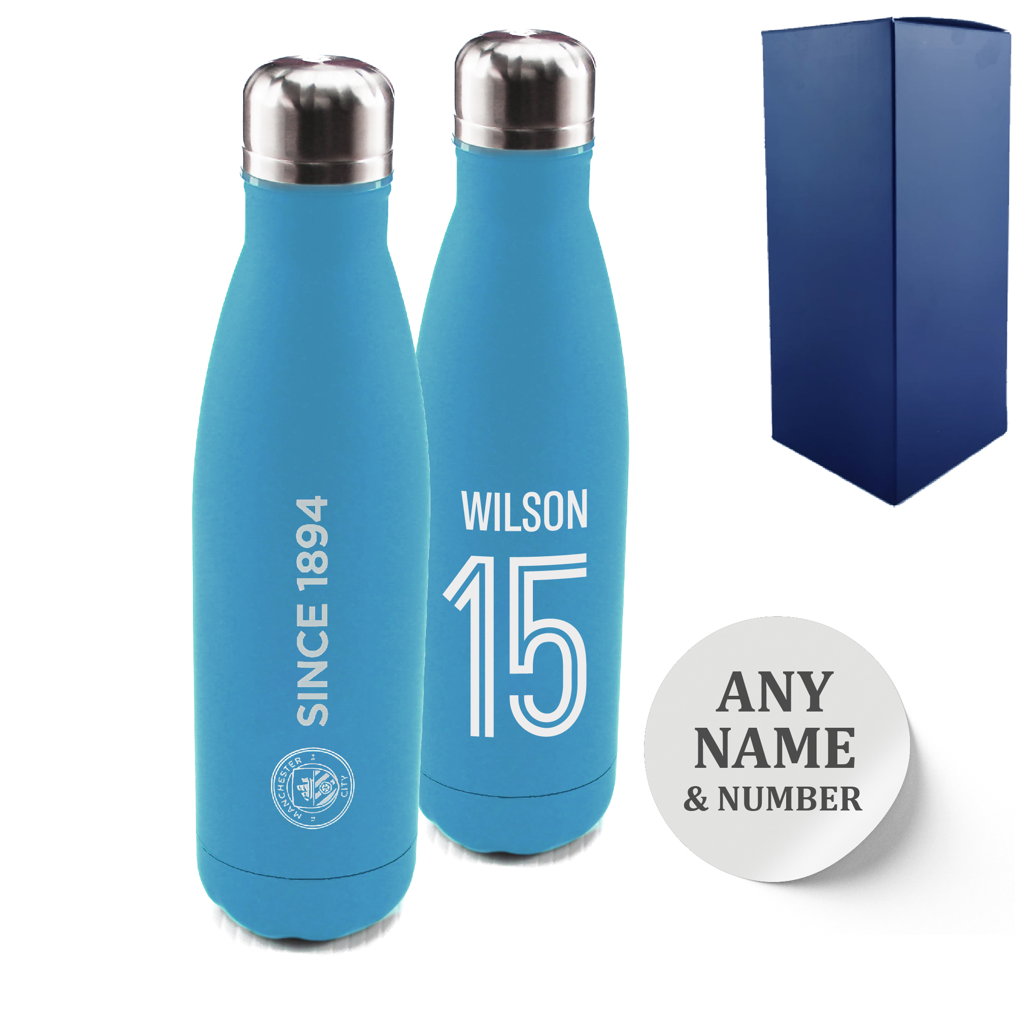Official Printed Manchester City Thermal Bottle Painted, Personalise Name and Number, Gift Boxed