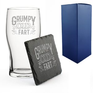 Engraved Pint Glass and Slate Coaster Set, Grumpy Old Fart, Gift Boxed