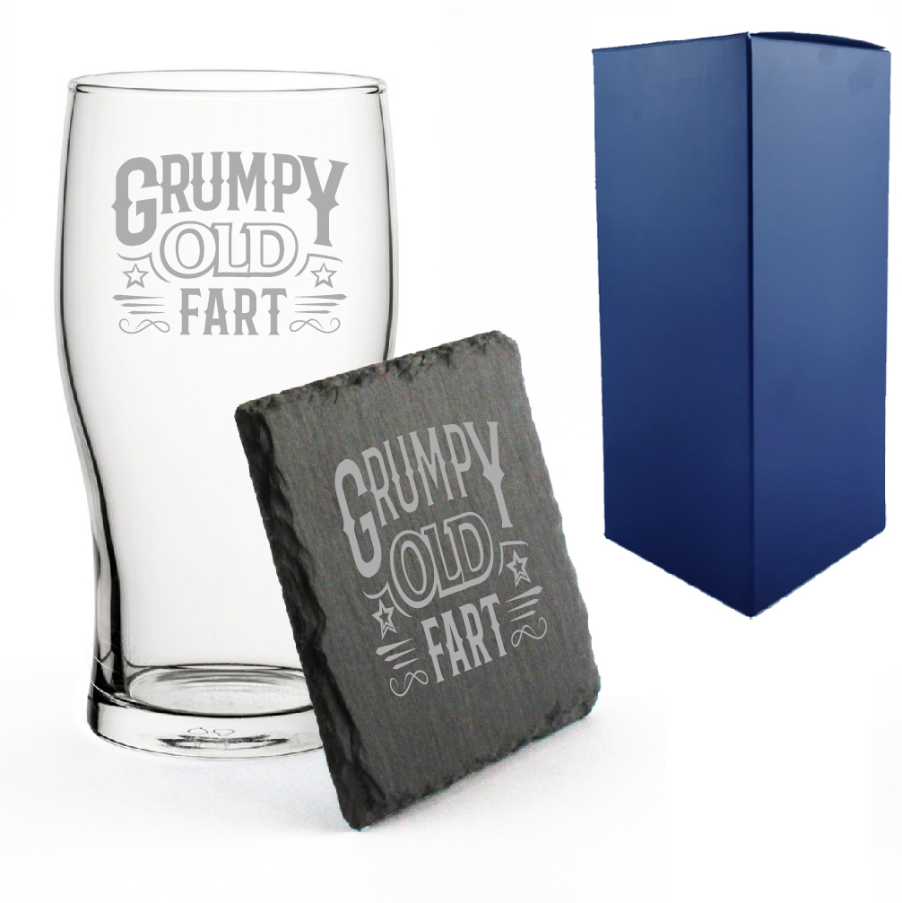 Engraved Pint Glass and Slate Coaster Set, Grumpy Old Fart, Gift Boxed