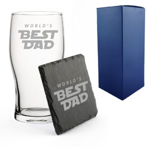 Engraved Pint Glass and Slate Coaster Set, Best Dad Space, Gift Boxed